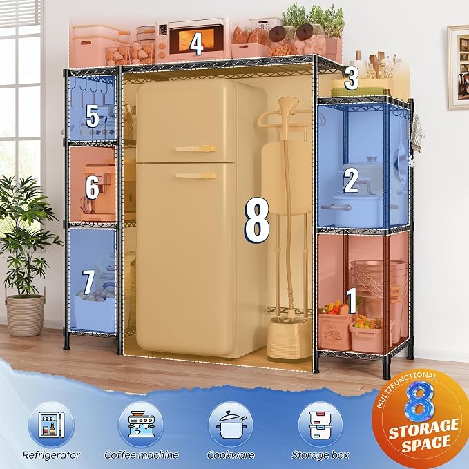 REIBII Mini Fridge Shelf with Storage,4-Tier Adjustable Shelves,665 lbs | With 8 Hooks,Fits Mini Fridge & Kitchen Appliances,Heavy Duty Steel Frame,Easy Tool-Free Assembly, Space-Saving,Dorm & Pantry