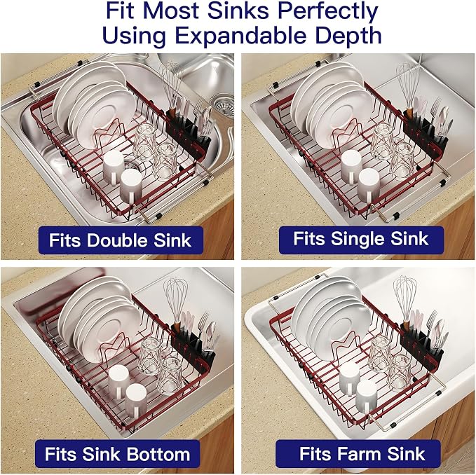 MAJALiS Red Dish Drying Rack Over The Sink with Utensil Holder | Expandable Stainless Steel Dish Drainer for Small Kitchen, Apartment, RV, Counter Space Saving, Perfect Fit, Rustproof