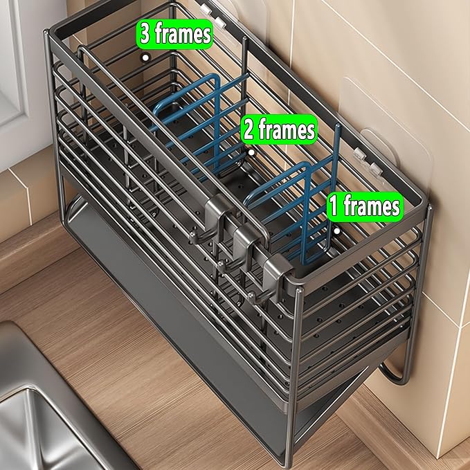 RAKSONIC Utensil Holder, Dish Drainer for Kitchen Counter,3 Compartments Stainless Steel Utensil Drying Rack,Kitchen Utensils Holder with Towel Bar,Self-Draining Tray Design