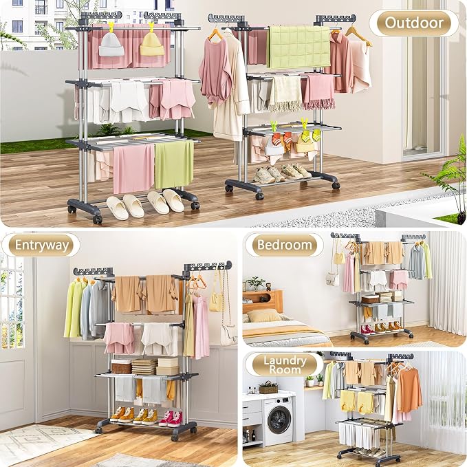 Reinforced Clothes Drying Rack Foldable, 4-Tier Drying Rack with Wheels | Heavy Duty Foldable Laundry Drying Rack for Indoor Outdoor Air Drying, Ideal for Large Families, 19.68"D x 29.92"W x 67.70"H