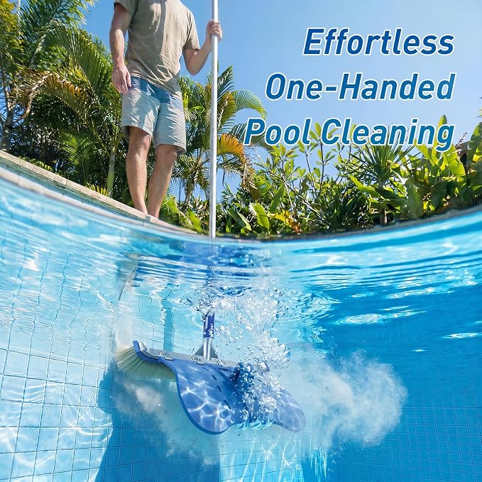 Pool Brush with Brush Tail for Cleaning Pool Walls Using Water Pressure, 18" Tough Plastic Bristles Pool Brush Head with EZ Clips Fit Most Poles (Pole not Included)