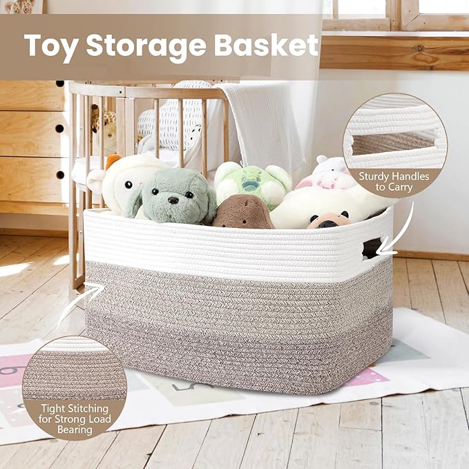 Optish 75L Large Blanket Basket, Woven Storage Baskets with Reinforced Handles, Rope Laundry Basket for Living Room, Bedroom, Nursery, Toys, Clothes, Pillows, 22” x 17” x 11.5”, White & Brown
