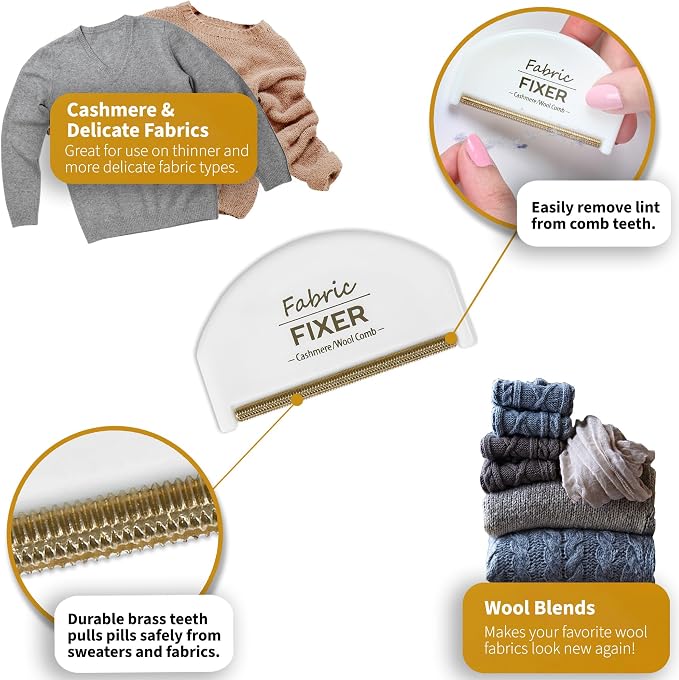 Cashmere & Multi-Fabric Sweater Comb & Pill Remover for Depilling Sweater Fuzz (Set of 2 Sweater Defuzzer Combs) - Wool Pilling Remover for Delicate Clothing, Fabrics, Furniture