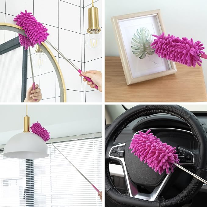 Duster for Cleaning, 10-29" Extension Pole, 2 Washable Heads, Purple | Microfiber Heads, Wet Or Dry, Detachable, Hand Washable, Easy Storage, For Cars, Offices, Windows, Furniture And Ceiling Fans
