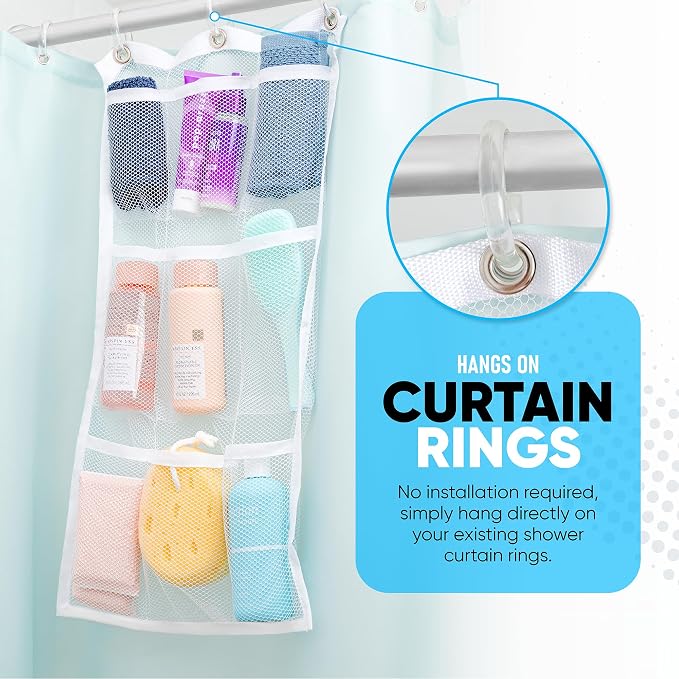 Handy Laundry Shower Curtain Bathroom Organizer -9 Pockets- Perfect for Organizing Home Bath, Your Toiletries and kid's Toys in Nine Durable Deep Mesh Pockets. Hang on Existing Shower Curtain Rings.