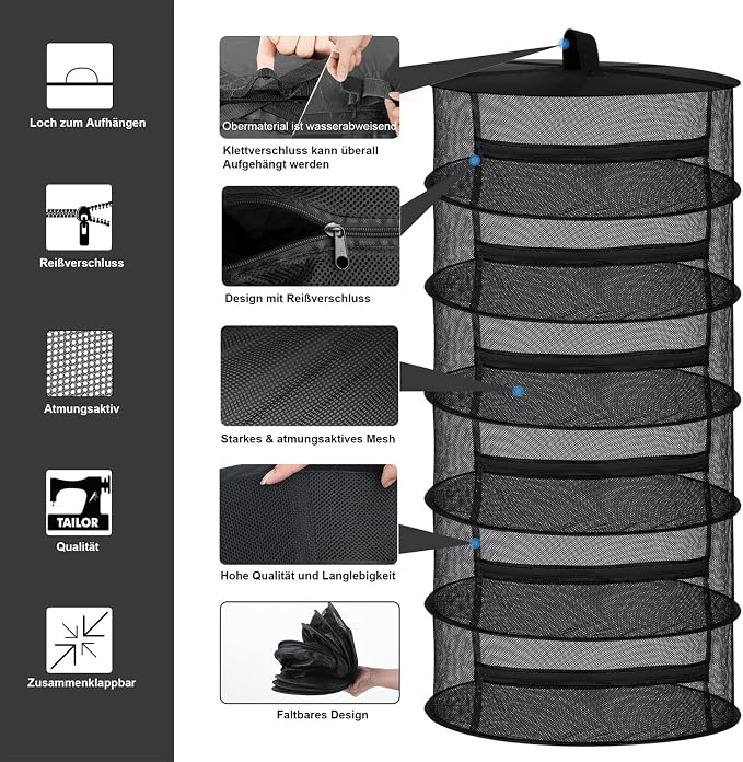 Desy & Feeci Drying Net Herbs 6-Layer Hanging Herbs Drying Rack Drying Net with Zippers, Black, 23.6 x 47.2 in (60 x 120 cm)