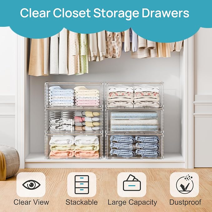 Vtopmart 4 Pack Large Clear Stackable Storage Drawers 23QT | Easily Assemble Plastic Closet Storage Bins, Dust-Proof UnderBed Organizer for Clothing, Sweater Organization