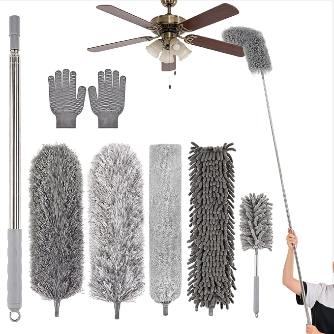 Microfiber Feather Duster Kit with Extension Pole, 7 PCS Washable Reusable Duster for Cleaning, 100'' Bendable Extendable Long Duster with Stainless Steel Pole for High Ceilings, Fans, Furniture & Car