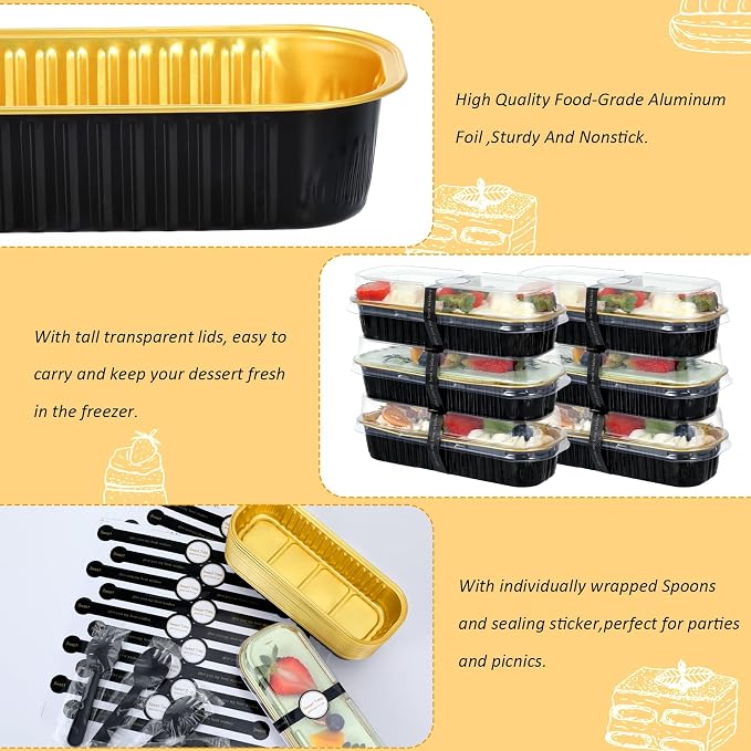 EgticHome Mini Loaf Pans with Lids and Spoons (100 Pack, Black-gold, 6.8oz) Rectangular Aluminum Foil Baking Pans
