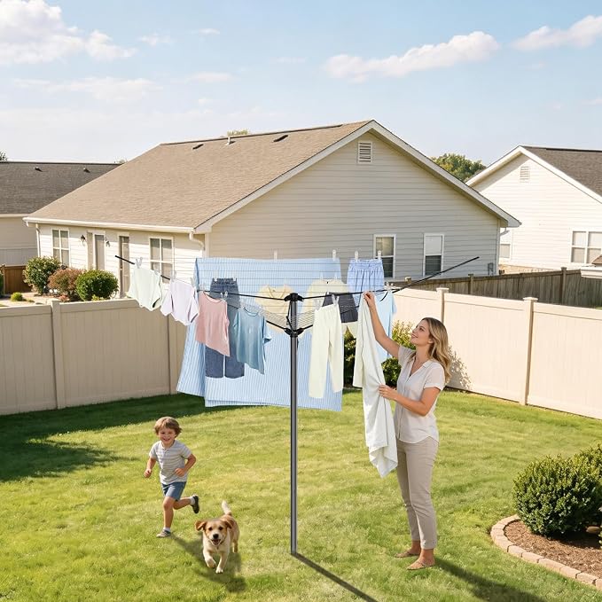 BAKON Heavy Duty Clothesline Outdoor, 30M Anti-Sag Drying Line Rustproof Wind Resistant Rotary Umbrella Drying Rack for Large Clothes, Bed Sheets for Backyard Patio RV Camping