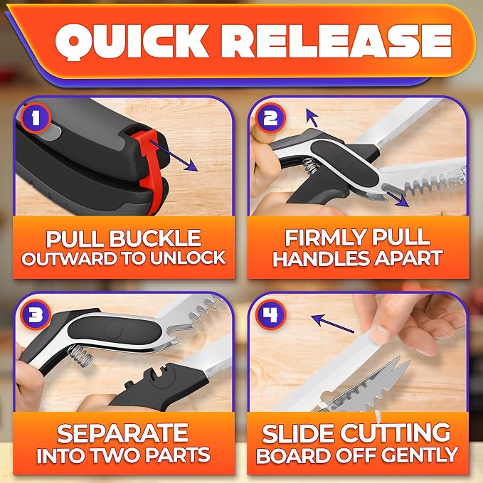 6-in-1 Cutting Board Scissors with Ribbed Blade, Spring-Assist & Safety Lock - Heavy Duty Tool for Slicing Meat, Fish, Bread, Veggies & Fruit One-Handed - Dishwasher Safe Kitchen Scissors for Food