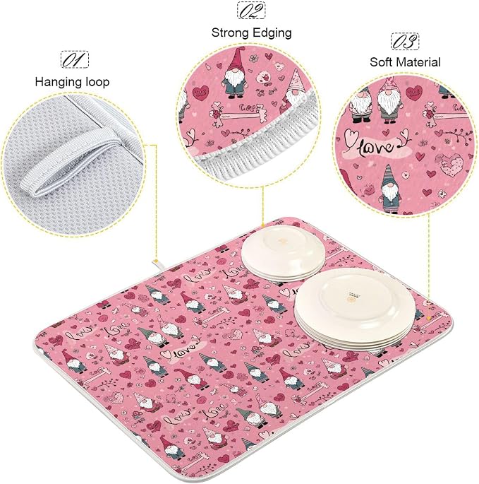 Happy Valentine’s Day Pink Dish Drying Mat for Kitchen Countertop 16x18 Love Gnomes Love Heart Gift Small Drying Mat Reusable Quick Dry Dish Sink Mats Easy Clean Decorative Essentials