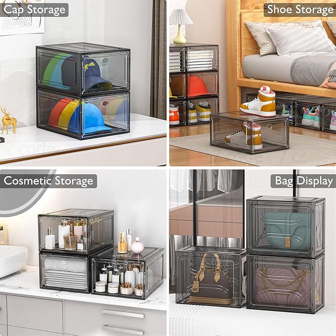 7 code Thicken & Sturdy Clear Shoe Storage Organizer with Magnetic Door, Stackable Boxes for Closet, Foldable Shoe Rack for Sneaker Boot Container, Plastic Shoe Cabinet Shoe Box 6 Pack, Black | Thick Plastic Shoe Storage for Sneakers & Boots, Collapsib...