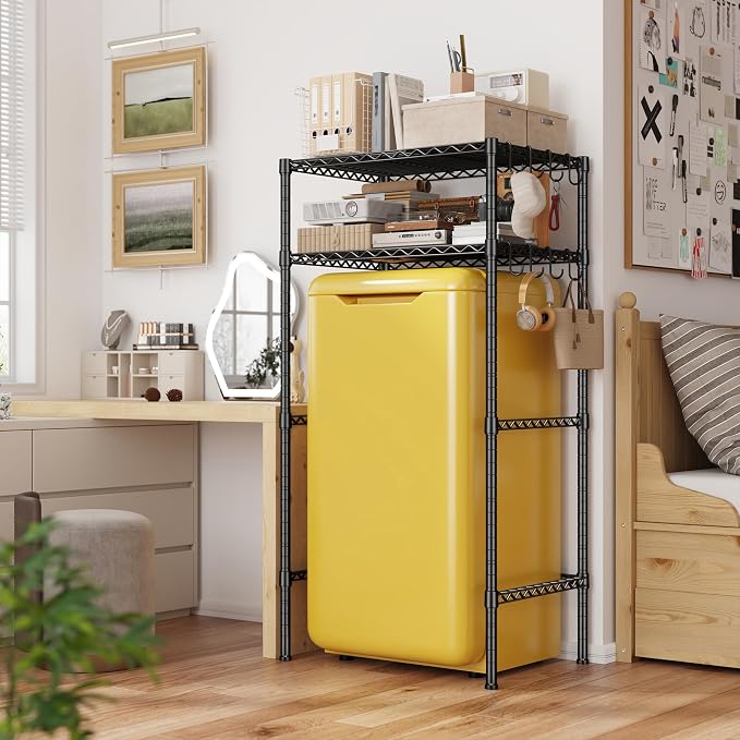 REIBII Mini Fridge Shelf with Storage, 2-Tier Adjustable Metal Shelving Unit with 8 Hooks,176 LBS Heavy Duty Organizer Rack for Dorm Room,Apartment, Kitchen and Office,52.36" H x 26.38" W x 18.1" D