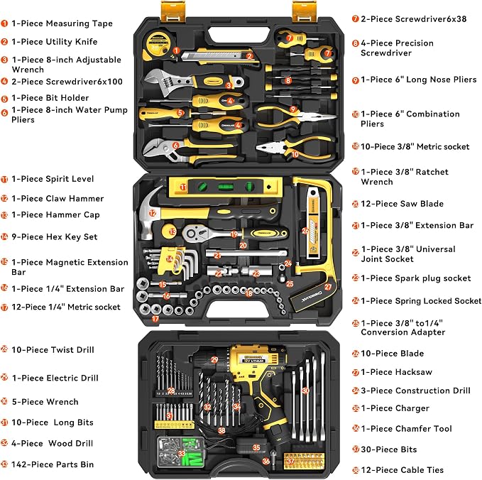 Tool Kit Box Drill Set with 12V Power Cordless Drill 299-Piece Tool Kit for Home Tool Set Storage Case with Drawer General Household Drill Set for Home Mechanics Repairs Men & Women, DIY