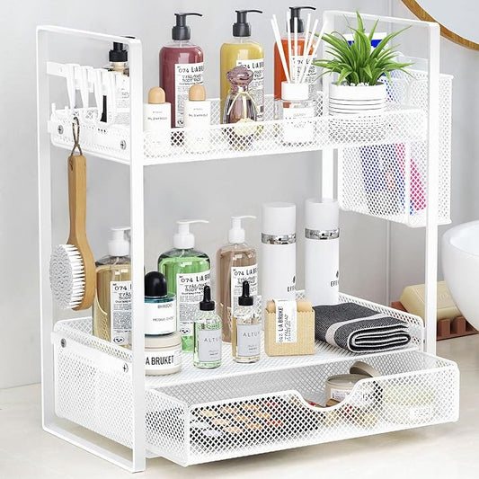 VITVITI 2 Tier Bathroom Organizer Countertop with Drawer, Metal Mesh Bathroom Counter Vanity Organizer Storage, Bath Room Shelf Sink Kitchen Spice Rack with Basket Hooks, White