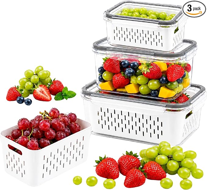 Fruit storage containers for fridge, with detachable drainer basket and airtight seal, stackable produce organizer, prolongs freshness of berries, greens, meats
