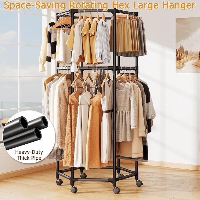 360° Rotating Hexagonal Clothes Hanger With Wheels, Space-Saving Freestanding Floor With Double Layer Hanging Bars, Multi-Compartment Floor-Standing Clothes Rack (Regular-Black)