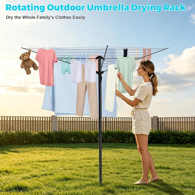 BAKON Heavy Duty Clothesline Outdoor, 30M Anti-Sag Drying Line Rustproof Wind Resistant Rotary Umbrella Drying Rack for Large Clothes, Bed Sheets for Backyard Patio RV Camping