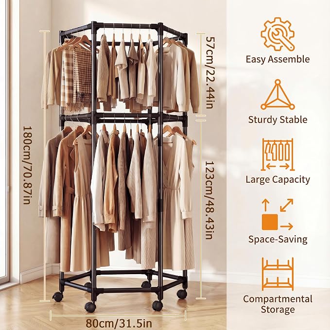 360° Rotating Hexagonal Clothes Hanger With Wheels, Space-Saving Freestanding Floor With Double Layer Hanging Bars, Multi-Compartment Floor-Standing Clothes Rack (Regular-Black)