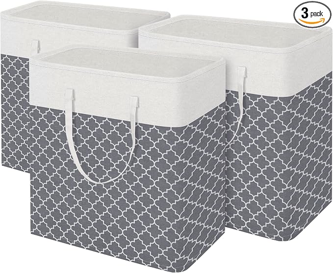 BlissTotes 3-Pack Laundry Basket, Laundry Hamper, Light Grey, 100L | Laundry Clothes Hamper, Hampers for Bedroom, Freestanding Hamper with Handles, Clothes Laundry Basket