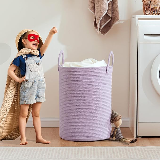 60L Large Purple Hamper Laundry Basket for Nursery Kids Lavender | Tall Woven Blanket Basket for Girls Cotton Rope Lilac Clothes Hamper in Bedroom 15Dx20H inches