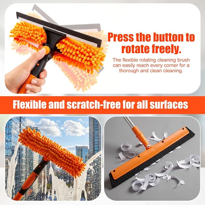 30 Feet High Reach Duster Kit with 2-24 ft Extension Pole High Ceiling Dusting and Window Cleaning Kit with Window Washer & Squeegee, Cobweb Duster, Washable Head for Ceiling Fan(Orange)