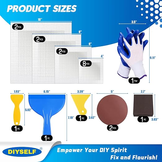 DIYSELF 21 Pack Drywall Repair Kit, 14 Mesh Patches, Wall Patch Repair Kit | 14 Self-Adhesive Mesh Patches in 4 Sizes, Drywall Patch Kit for Nail Holes, Wall Hole Repair Kit with Scrapers for Homeowners