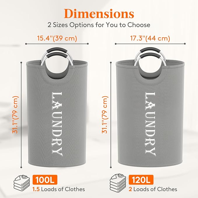 Lifewit 120L 2-Pack Large Laundry Basket, Collapsible Laundry Hamper with Aluminum Handles, Waterproof Freestanding Dirty Clothes Hampers for Laundry Room Bedroom Dorm Bathroom, Silver Grey