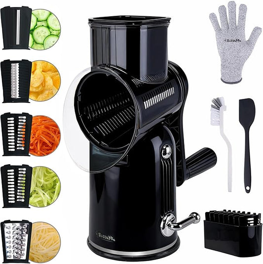 Rotary Cheese Grater with Handle – Includes 5 Stainless Blades and Feature Strong Suction Base – Easy to Clean, Cheese Shredder Hand Crank, Multi-Purpose Slicer (Black)