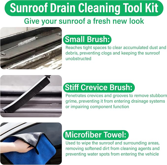 ecocstm Auto Sunroof Drain Cleaning Tool, 120 Inch Flexible Drain Brush, Sunroof Drain Cleaner with Pipe Cleaning Brush, Injector Hose and Crevice Brush, Cleaning Tool for Drains, Sewers, Windshields