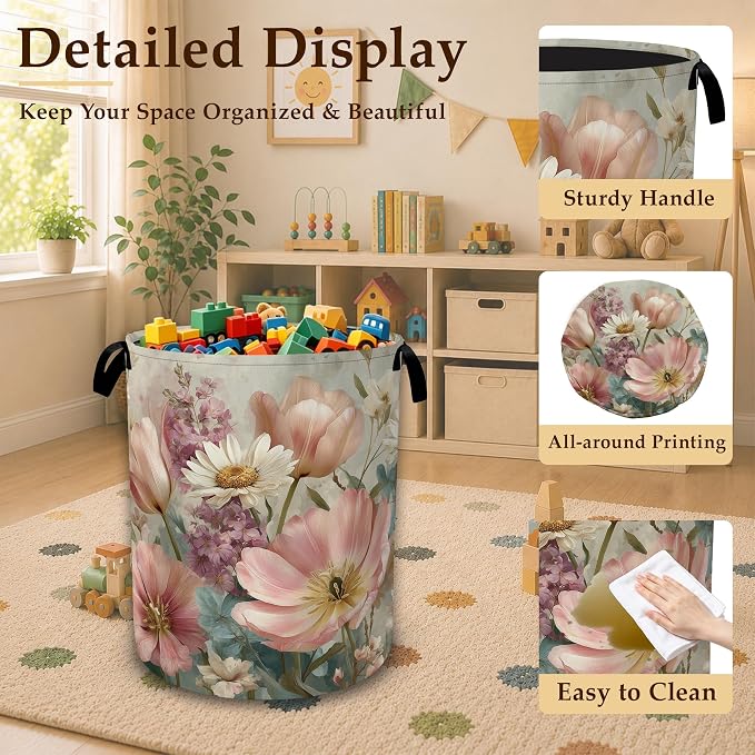 Pink Daisy Floral Large Laundry Hamper, Collapsible Oxford Clothes Basket with Handles, Freestanding Dirty Clothes Organizer for Bedroom Bathroom Dorm Laundry Room, 16 x 20.8 Inch