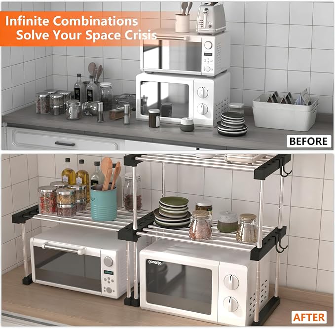 BLULEE Expandable Under Sink Organizer, No-Drill Adjustable Shelf | Custom fit around pipes cabinet rack for bathroom vanity and kitchen pantry, supporting heavy laundry supplies.