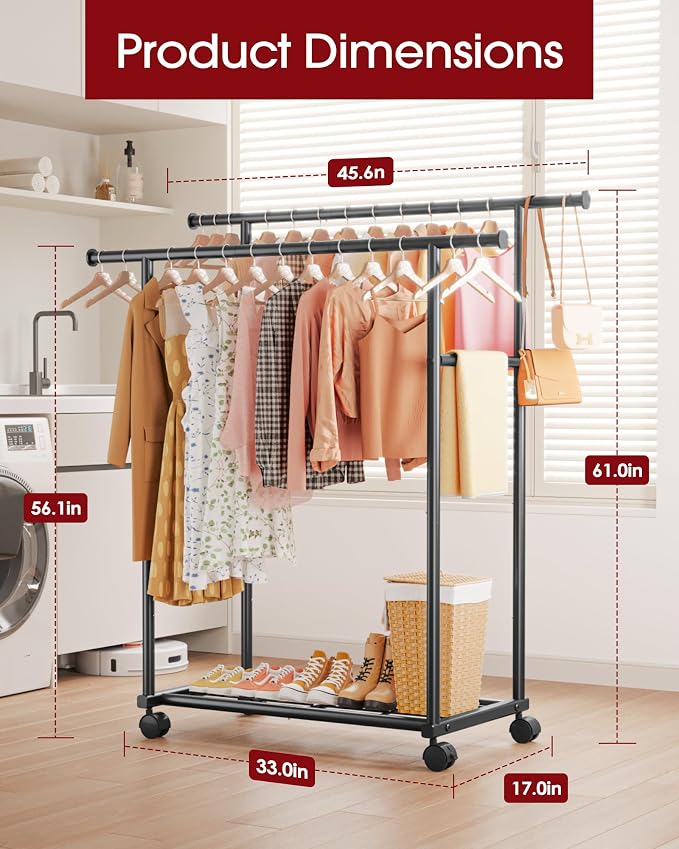 Sakugi Double Rods Clothes Rack - Metal Clothing Rack with Fixed Double Rods, Rolling Wheels & Built-In Shelf for Closet, Bedroom, Laundry Storage (45.6" x 17" x 61", Black)