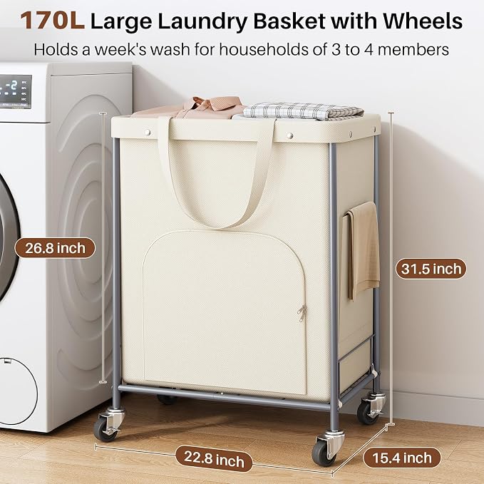 170L Large Laundry Basket with Wheels, Rolling Laundry Hamper Easy Access Clothing Minimizes Bending, Laundry Cart with 4 Silent Casters & Removable Bag for Bedroom, Bathroom, Laundry Room, Beige