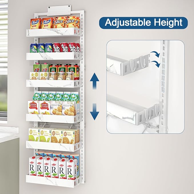 BUKFEN 6-Tier Over the Door Pantry Organizer, 2-in-1 Door Hanging or Wall Mounted Spice Rack, Heavy Duty Metal Storage Shelves with Adjustable Baskets for Kitchen Bathroom Closet, 1 Pack