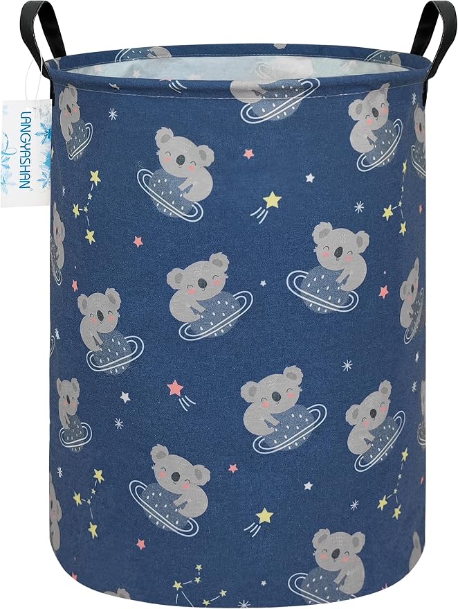 Round Laundry Basket Collapsible Storage Hamper Organizer Space Koala | Waterproof Canvas Foldable Baskets with sturdy Handles Multi-scene Organizer for Home Play Bedroom Gift Bin