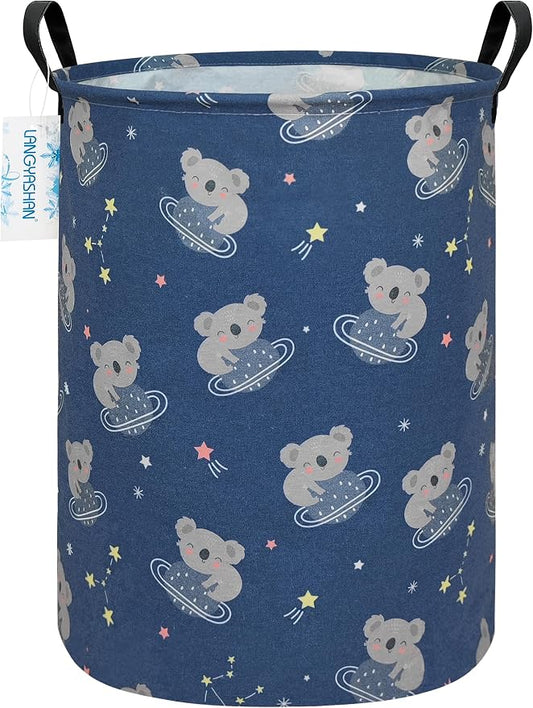 Round Laundry Basket Collapsible Storage Hamper Organizer Space Koala | Waterproof Canvas Foldable Baskets with sturdy Handles Multi-scene Organizer for Home Play Bedroom Gift Bin