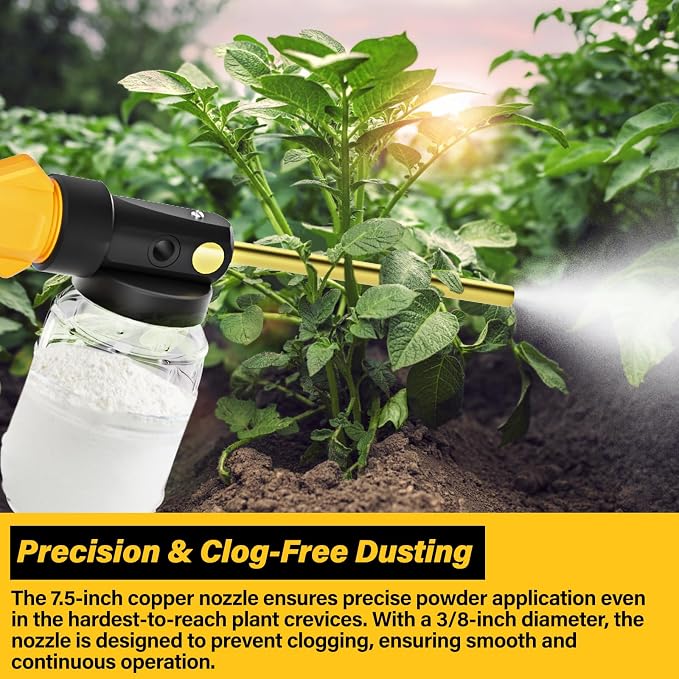 Dinftin Electric Diatomaceous Earth Duster Compatible for DeWalt 20V Battery(Battery Not Included), Garden Dust Applicator with 1L Capacity and 7.5" Nozzle, Versatile Leaf Blower & Powder Sprayer