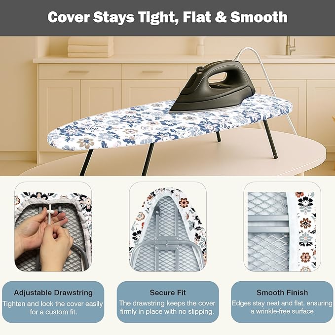 UniSimp Small Ironing Board Cover and Pad 12.5"x30" Small Iron Board Cover with Padding,Tabletop Mini Ironing Board Cover and Pad Small Size, Cotton Canvas, Heat Resistant, Drawstring Floral