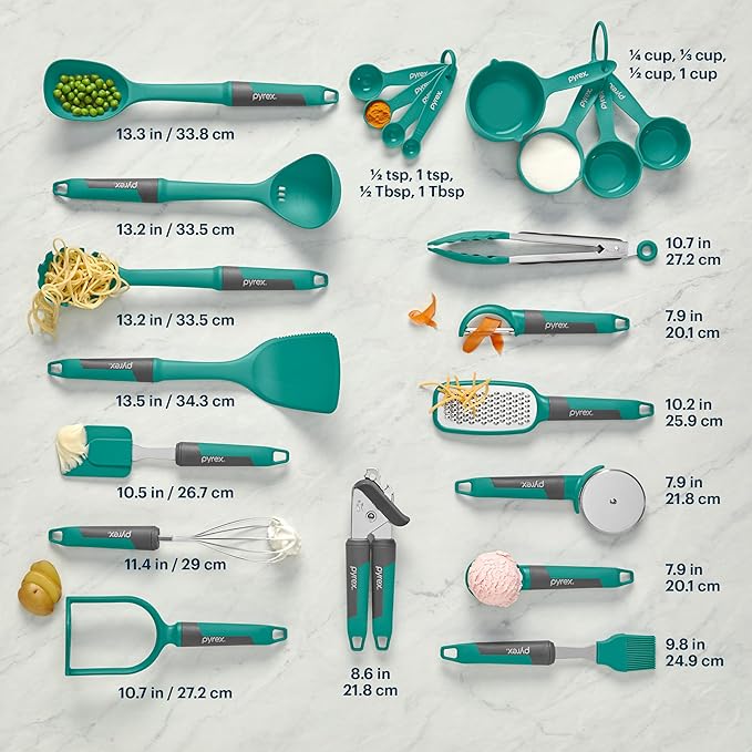 Pyrex 22-Piece Silicone Kitchen Cooking Utensils Set, Non-Stick Silicone Cooking Gadgets, Spatulas, Pizza Wheel, Grater, Measuring, and more