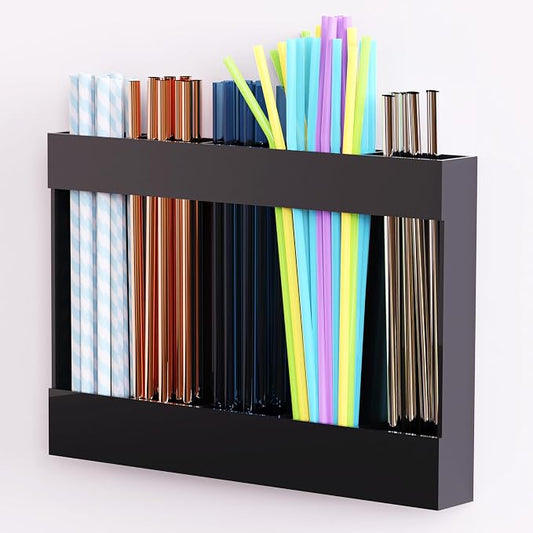 Acrylic Straw Holder & Organizer - Compact, Adhesive Tape Included for Easy Installation - Perfect for Countertops, Cabinets, or Kitchen Storage (Black-5 Compartments)
