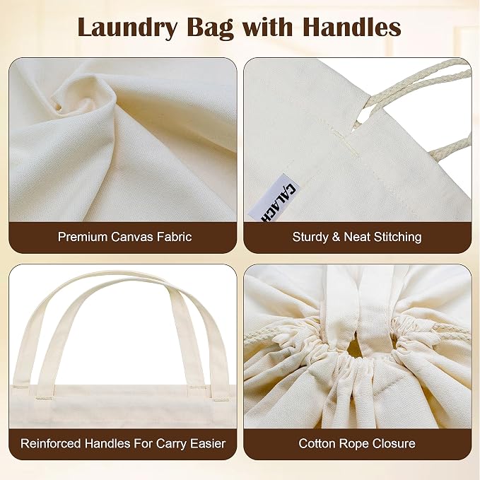 Heavy Duty Canvas Laundry Bags with Square Base 13.8"Wx13.8"Dx27.6"H, Beige | Extra Large Laundry Hamper Bag, Washable Drawstring Dirty Clothes Sack with Handles for College Dorm, Home Storage, 1 Pack