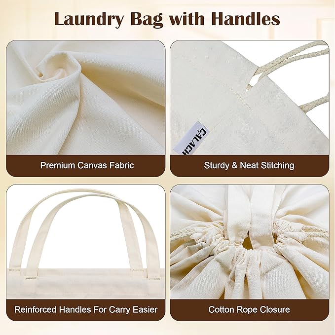 Canvas Laundry Bag with Handles & Square Base, XXL 18"Wx18"Dx27.6"H, Beige | Extra Large Heavy Duty Laundry Basket Hamper Liner Replacement, Washable Drawstring Dirty Clothes Bag, Canvas Storage Sack