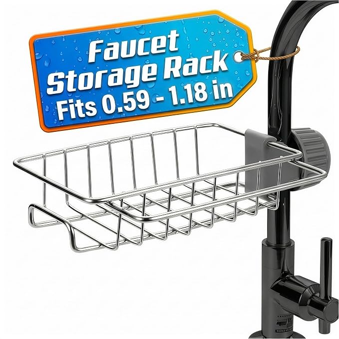 Kitchen Sink Faucet Organizer - 360° Rotating Rust-Resistant Caddy for Dish Sponge & Soap - 6.77" x 5.32" x 1.73" Stainless Steel Sponge Holder for Kitchen Sink Around Faucet, Fits 0.59-1.18 in Pipes