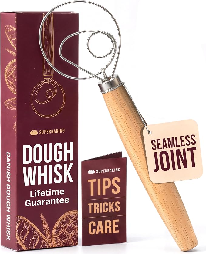 Superbaking Danish Dough Whisk - 12" Bread Whisk for Dough Mixing - Single Eye Design Sourdough Whisk - Sourdough Bread Baking Supplies - Bread Making Tools and Accessories - Ergonomic Wooden Handle