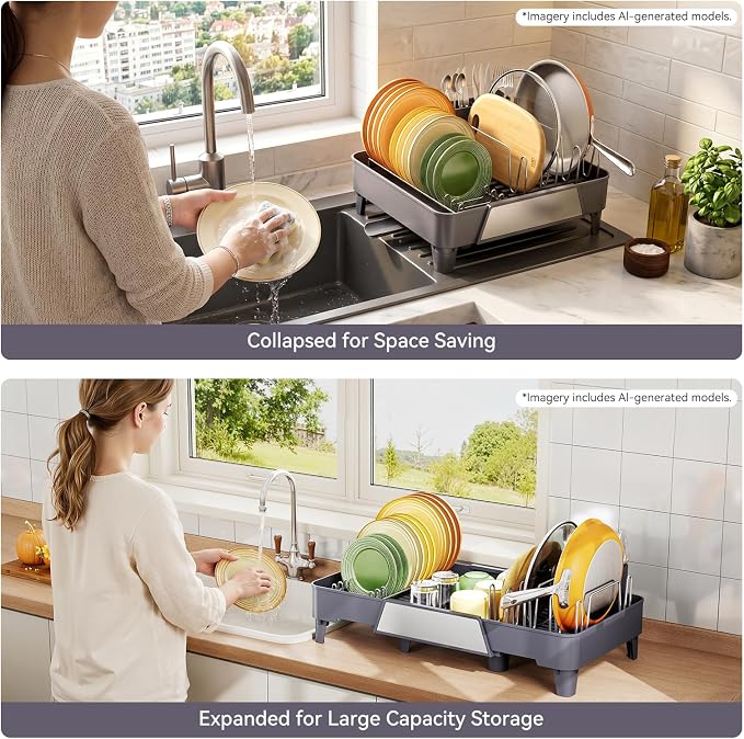 Urackify Large Dish Drying Rack - Expandable Dish Rack for Kitchen Counter, Multifunctional Dish Drainer with Drainboard & Utensil Holder, Anti-Rust, Fits Any Sink, Extendable 16.3" to 23.6" L, Gray