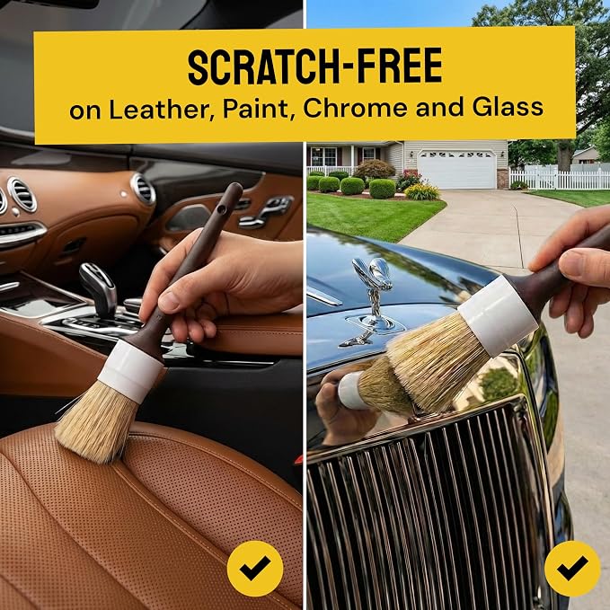 Car Detailing Brush Set 9-Pack with Tire and Wheel Brushes - Detail Dudes | 6-pc Scratch-Free Interior Boars Hair Brushes - 1-pc Exterior Tire Brush, Tire Dressing Applicator and Wheel Brush