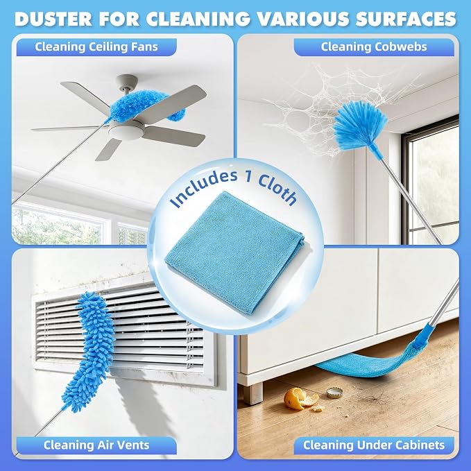 94'' Cobweb Duster with Extension Pole for High Ceiling, Fan | Bendable Microfiber Duster, Spider Web Brush with Telescoping Pole