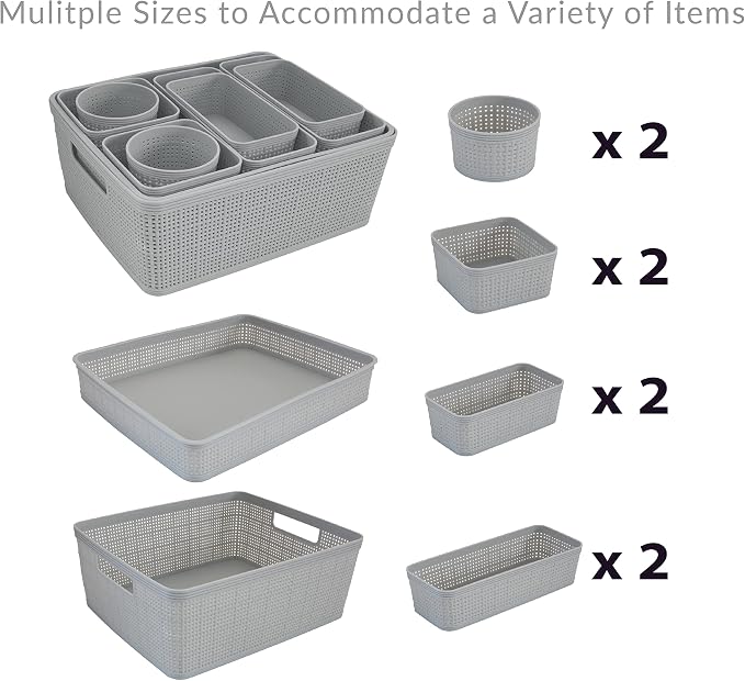 Simplify 10 Piece Organizing Set Multiple Size Bins Multipurpose Office, Desk, Dorm, Bathroom, Storage Basket, Small Items & Accessories | Grey (Pack of 6)